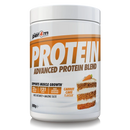 A white plastic tub of Per4m Protein Advanced Protein Blend in carrot cake flavor, featuring a white and orange label with a carrot cake graphic.