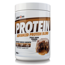 A white plastic tub of Per4m Protein Advanced Protein Blend in Sticky Toffee Pudding Flavour, featuring a brown and white label with a graphic of a caramel-topped protein cake.