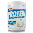 A white plastic tub of Per4m Protein Advanced Protein Blend in Vanilla Creme Flavour, featuring a blue and white label with vanilla ice cream imagery.