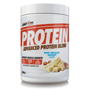 A white tub of Per4m Protein Advanced Protein Blend in White Chocolate Hazelnut Flavour, featuring a white lid and a label with bold red and brown text, set against a plain white background.